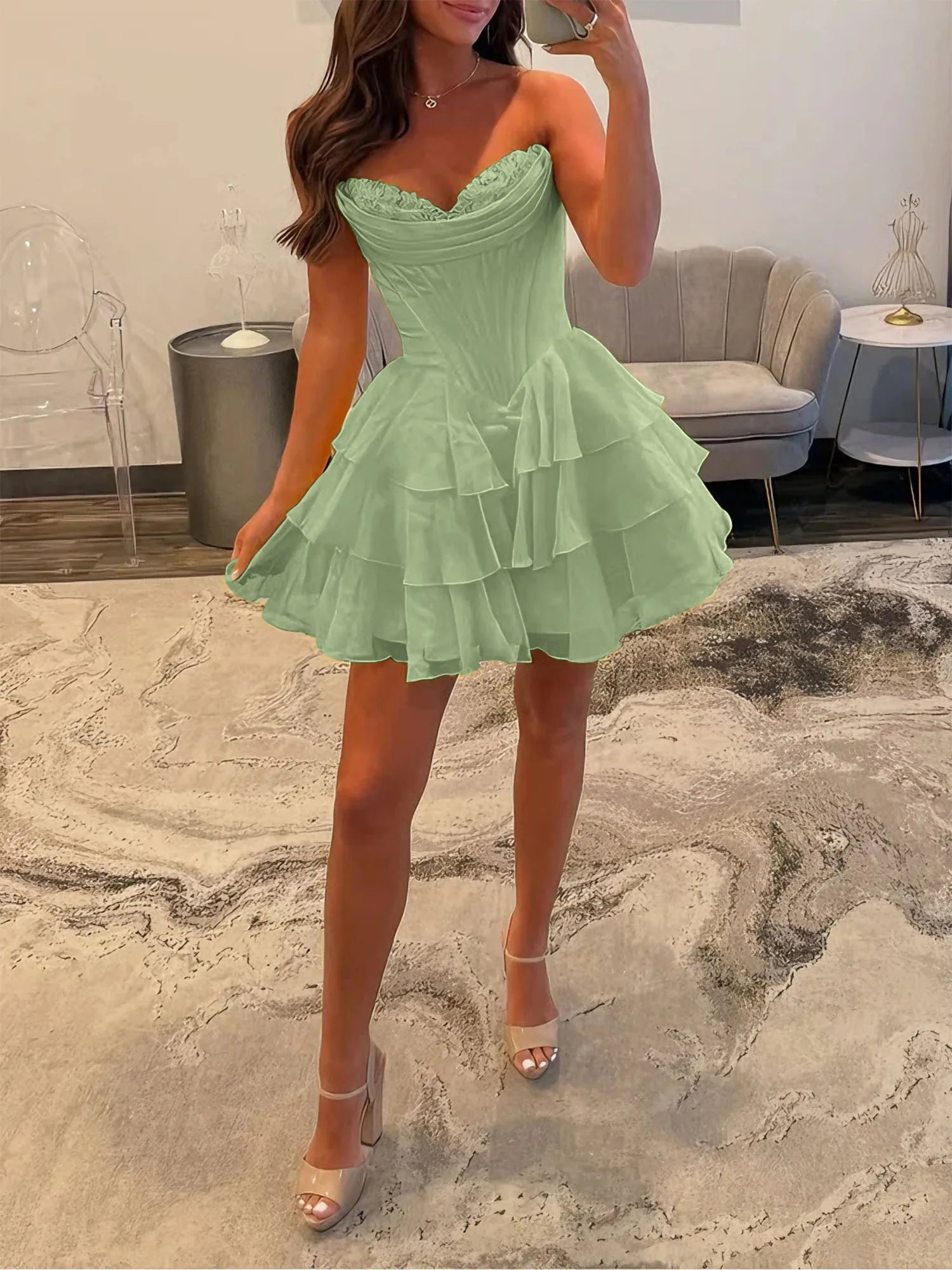 A Line Short Corset Homecoming Dress with Ruffles