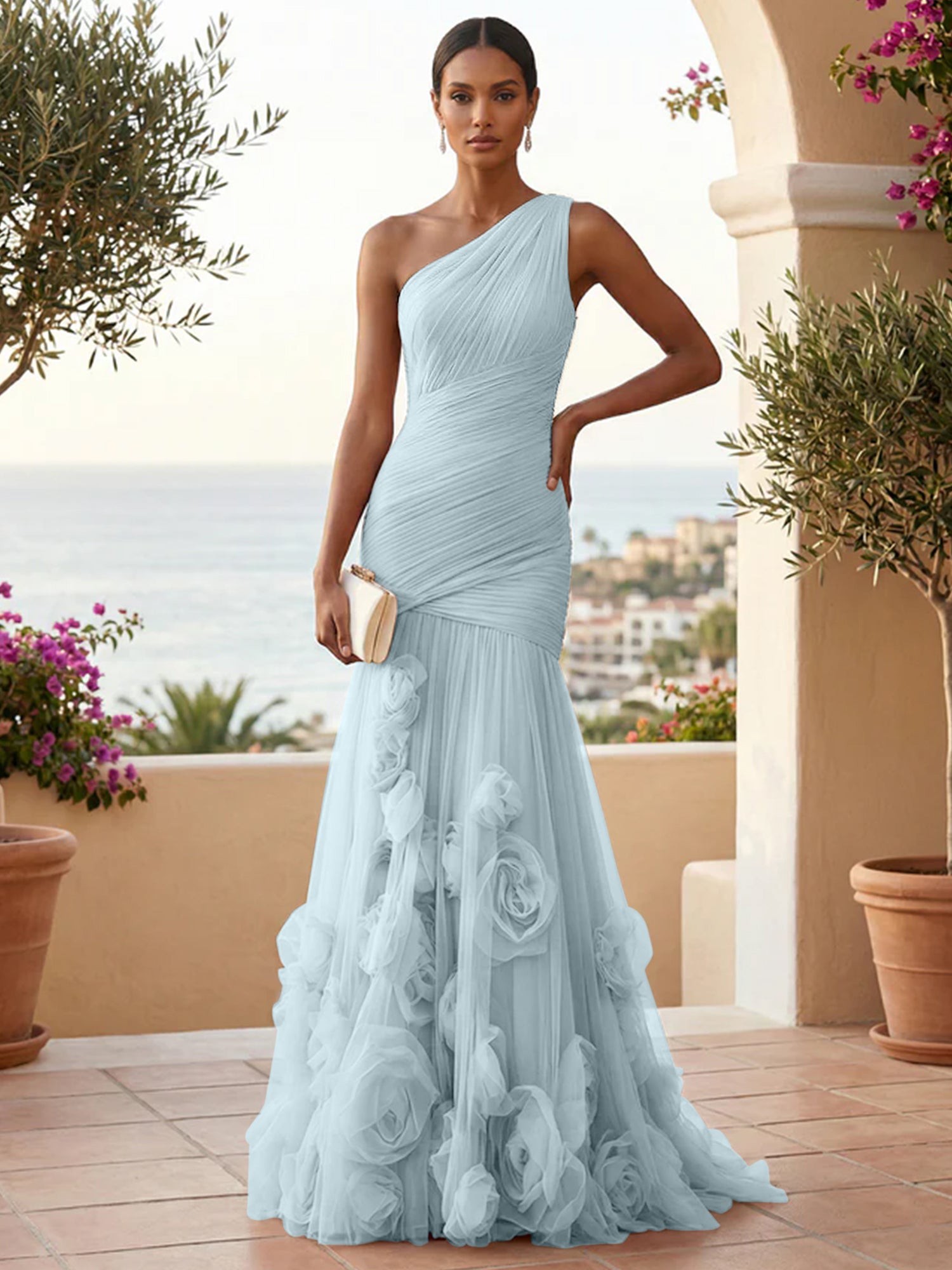 Sweetheart Tulle Pleat One Shoulder Mermaid Evening Dresses Gown with 3D Flower
