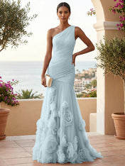 Sweetheart Tulle Pleat One Shoulder Mermaid Evening Dresses Gown with 3D Flower