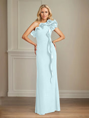 Navy Stretch Crepe Sheath/Column One Shoulder Floor Length Mother of the Bride Dresses With Ruffles