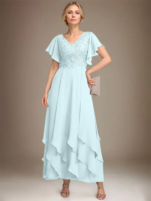 Robe de mère de la mariée trapèze, col en V, longueur cheville, en mousseline de soie et dentelle, avec volants en cascade 