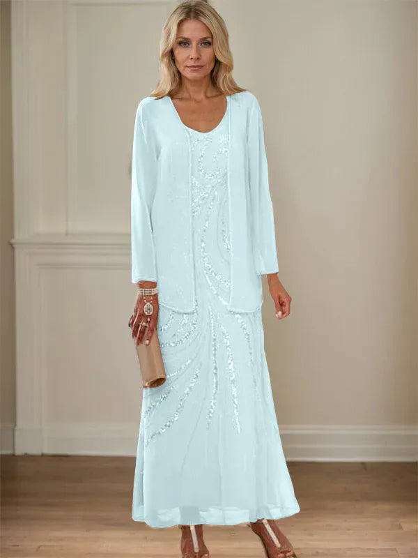 Column V-Neck Ankle-Length Mother of the Bride Dresses with Jacket & Sequins