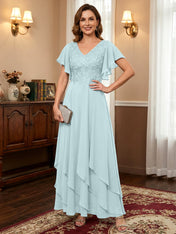 A-line V-Neck Ankle-Length Lace Chiffon Mother of the Bride Dress With Cascading Ruffles