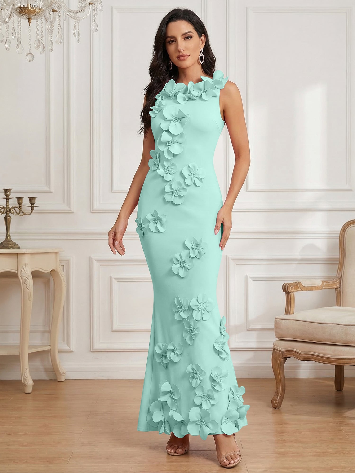 Romantic Pink Sleeveless 3D Floral Mermaid Gown