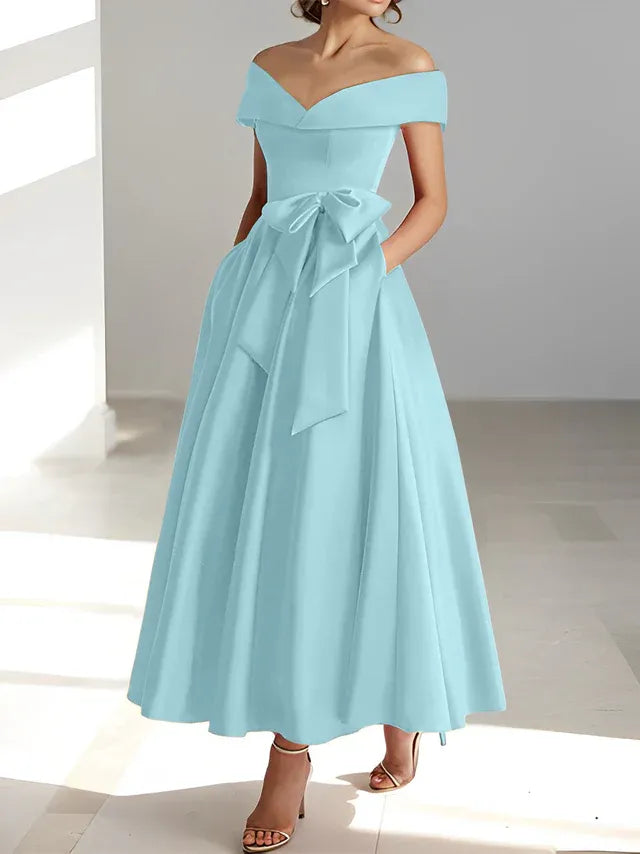 Princess Off-the-Shoulder Sleeveless Ankle-Length Mother of the Bride Dresses with Pockets