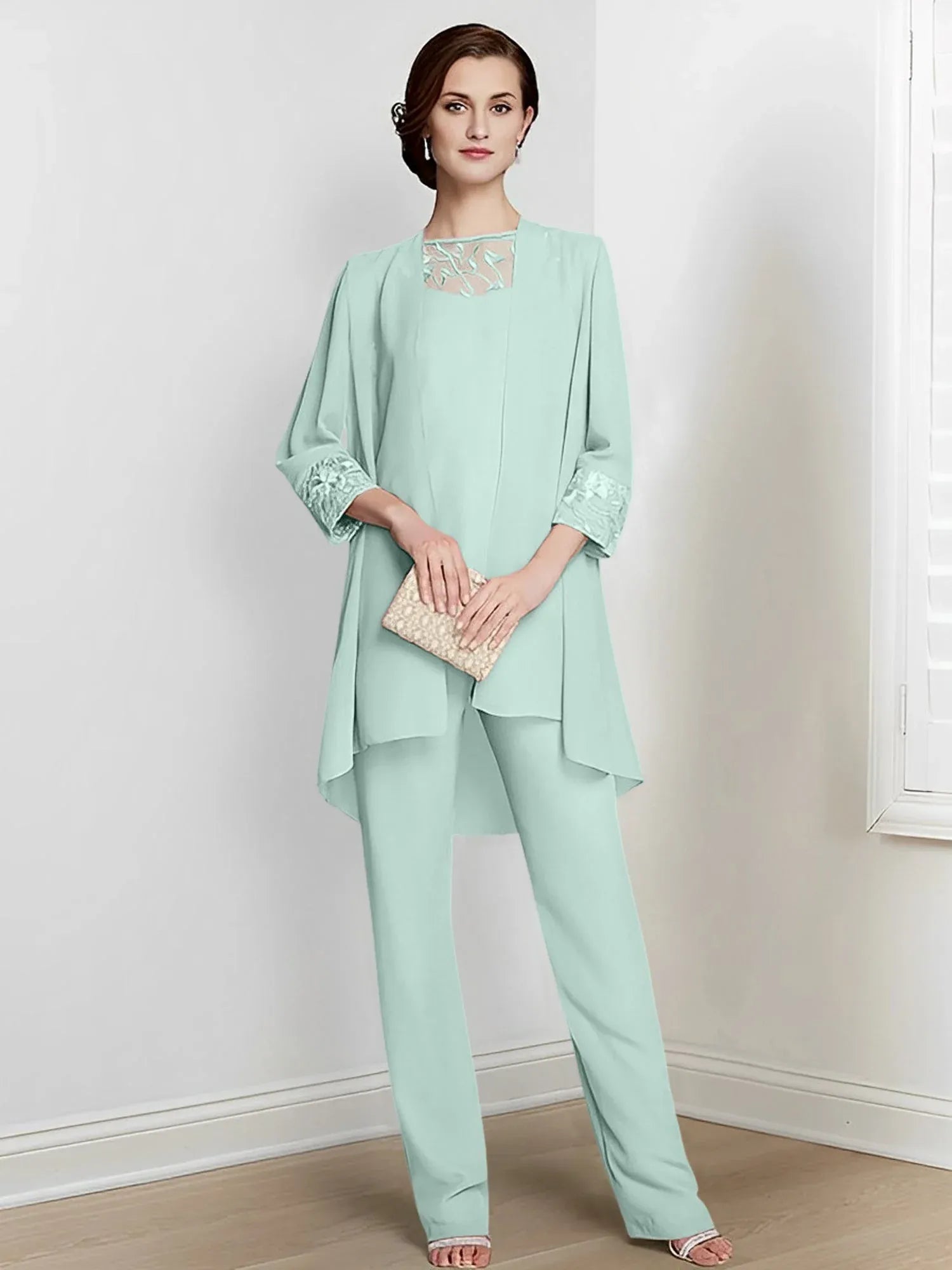 Tailleur-pantalon en mousseline à manches longues pour mère de la mariée avec veste 