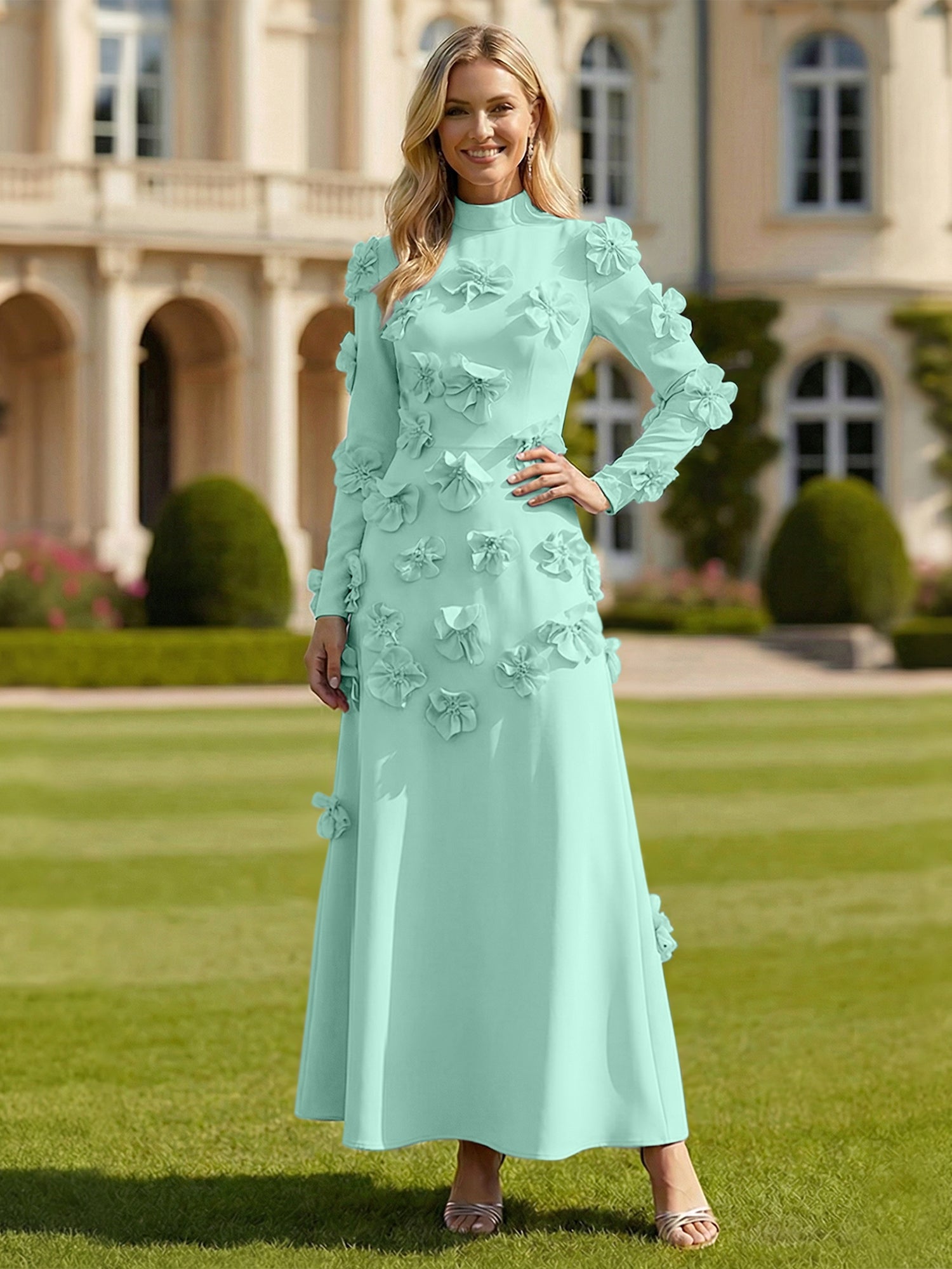 A Line High Neck Long Sleeves Stretch Crepe Dress With 3D Flowers