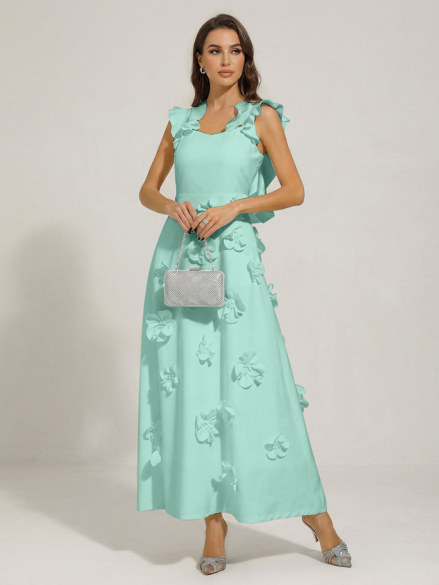 Chic White 3D Flowers A-Line Floor Length Stretch Crepe Dress with Pockets Maxi Dress