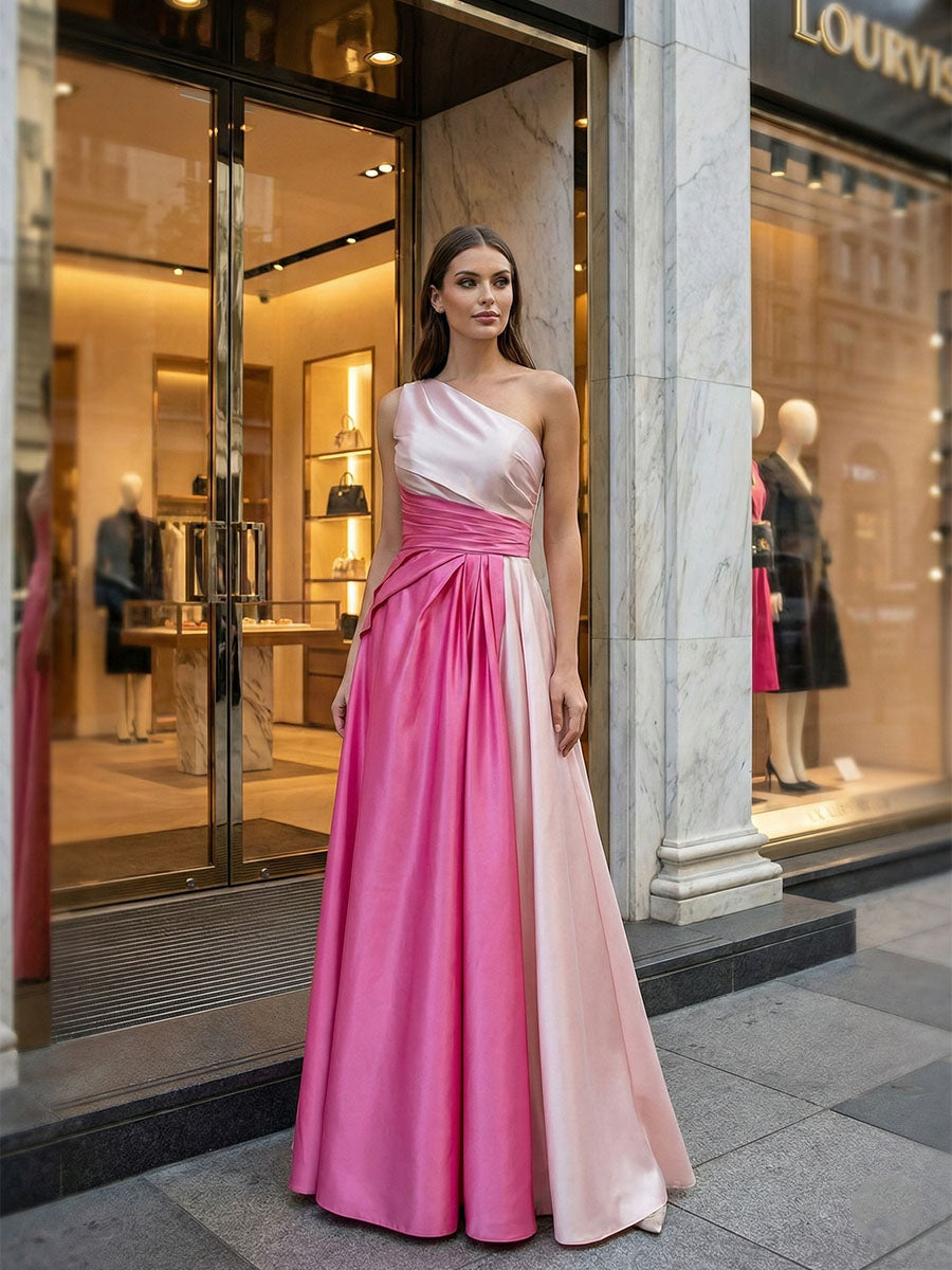 Modern Two-Tone Pink Satin One-Shoulder Formal Prom Dresses