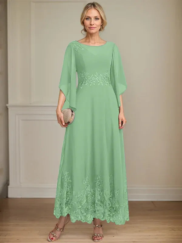 Robe de mère de la mariée trapèze en mousseline de soie et dentelle, longueur cheville, décolleté en V, illusion, avec paillettes 