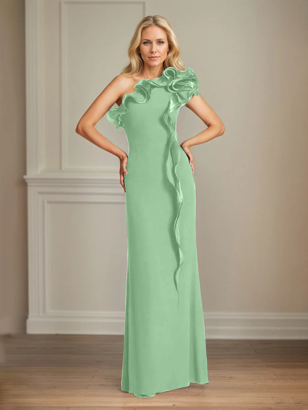 Column One Shoulder Floor Length Mother of the Bride Dresses With Ruffles