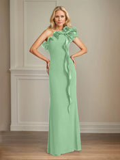 Navy Stretch Crepe Sheath/Column One Shoulder Floor Length Mother of the Bride Dresses With Ruffles
