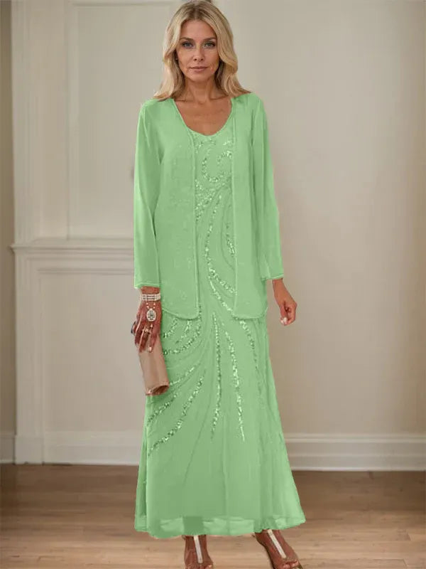 Robe de mère de la mariée fourreau/colonne, col en V, longueur cheville, avec veste et paillettes 