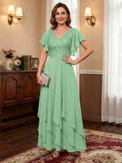 A-line V-Neck Ankle-Length Lace Chiffon Mother of the Bride Dress With Cascading Ruffles