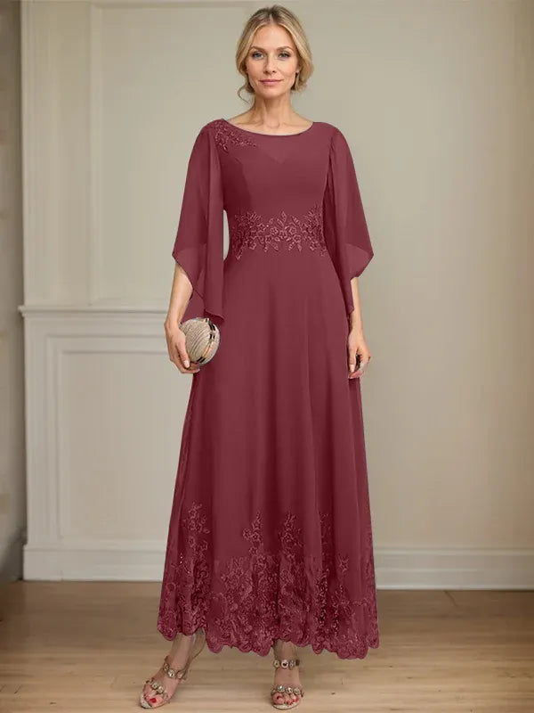 Robe de mère de la mariée trapèze en mousseline de soie et dentelle, longueur cheville, décolleté en V, illusion, avec paillettes 