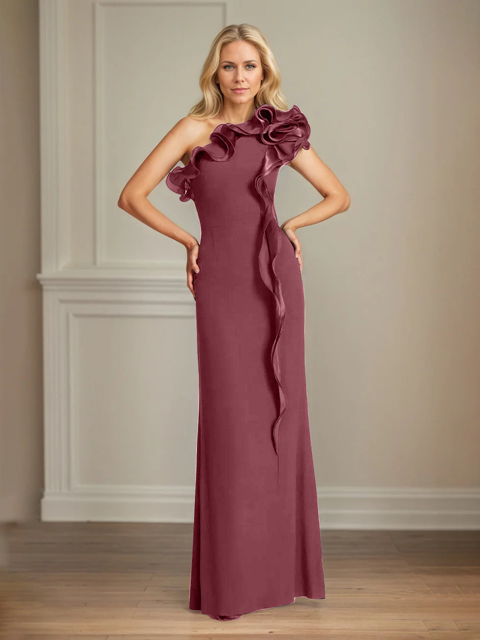 Column One Shoulder Floor Length Mother of the Bride Dresses With Ruffles