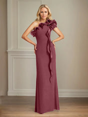 Navy Stretch Crepe Sheath/Column One Shoulder Floor Length Mother of the Bride Dresses With Ruffles