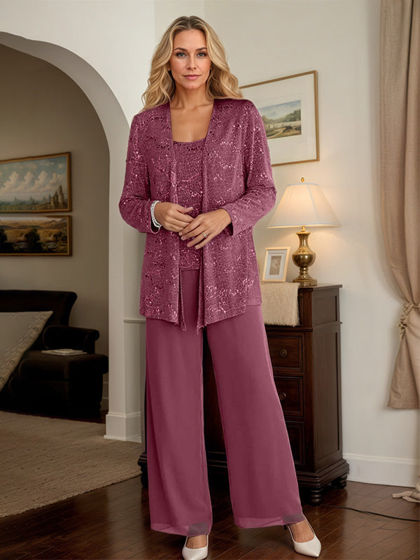 Chiffon Mother of the Bride Pantsuits with Jacket & Sequins