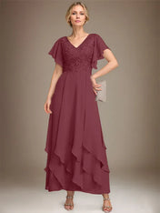 A-line V-Neck Ankle-Length Lace Chiffon Mother of the Bride Dress With Cascading Ruffles