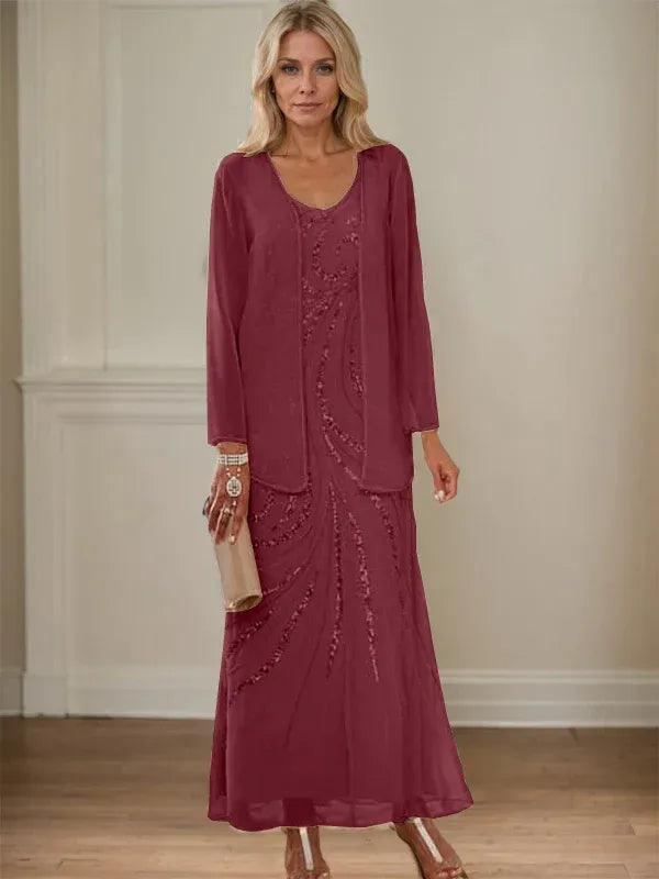 Column V-Neck Ankle-Length Mother of the Bride Dresses with Jacket & Sequins