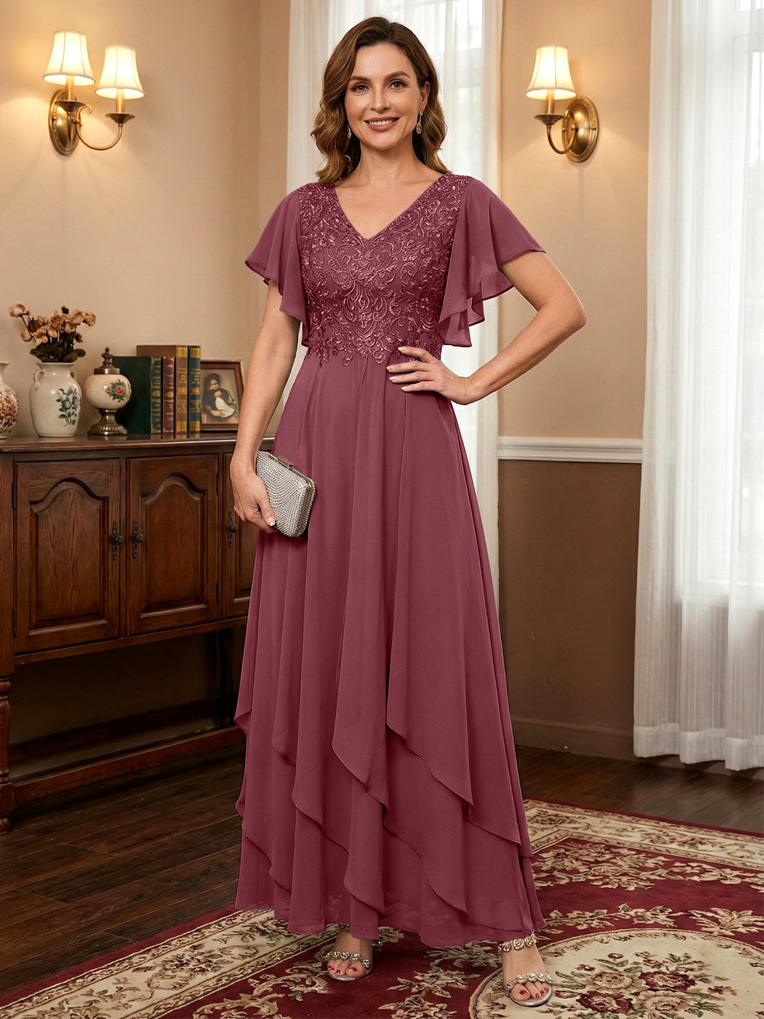 A-line V-Neck Ankle-Length Lace Chiffon Mother of the Bride Dress With Cascading Ruffles