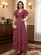 A-line V-Neck Ankle-Length Lace Chiffon Mother of the Bride Dress With Cascading Ruffles