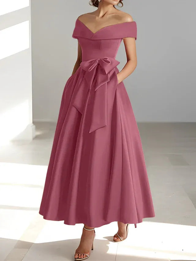 Princess Off-the-Shoulder Sleeveless Ankle-Length Mother of the Bride Dresses with Pockets