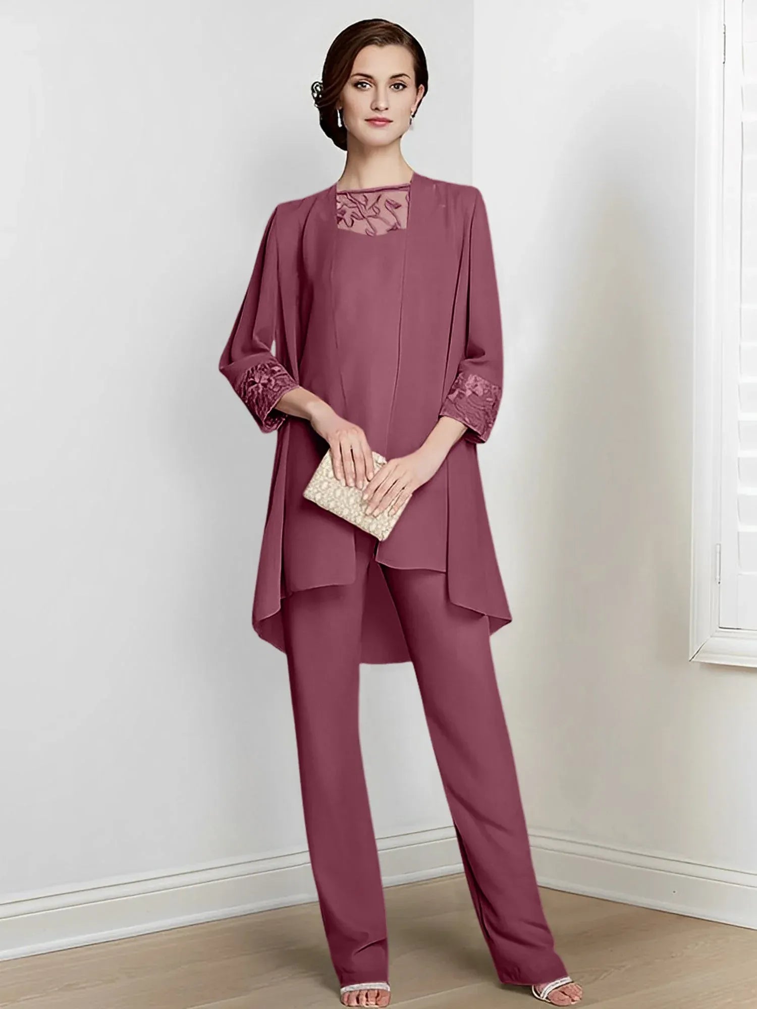 Tailleur-pantalon en mousseline à manches longues pour mère de la mariée avec veste 