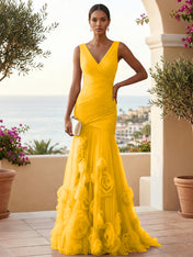 Sweetheart Tulle V Neck Pleat Mermaid Evening Dresses with 3D Flower