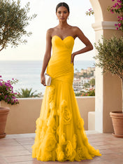 Sweetheart Tulle Pleat Mermaid Evening Dresses with 3D Flower