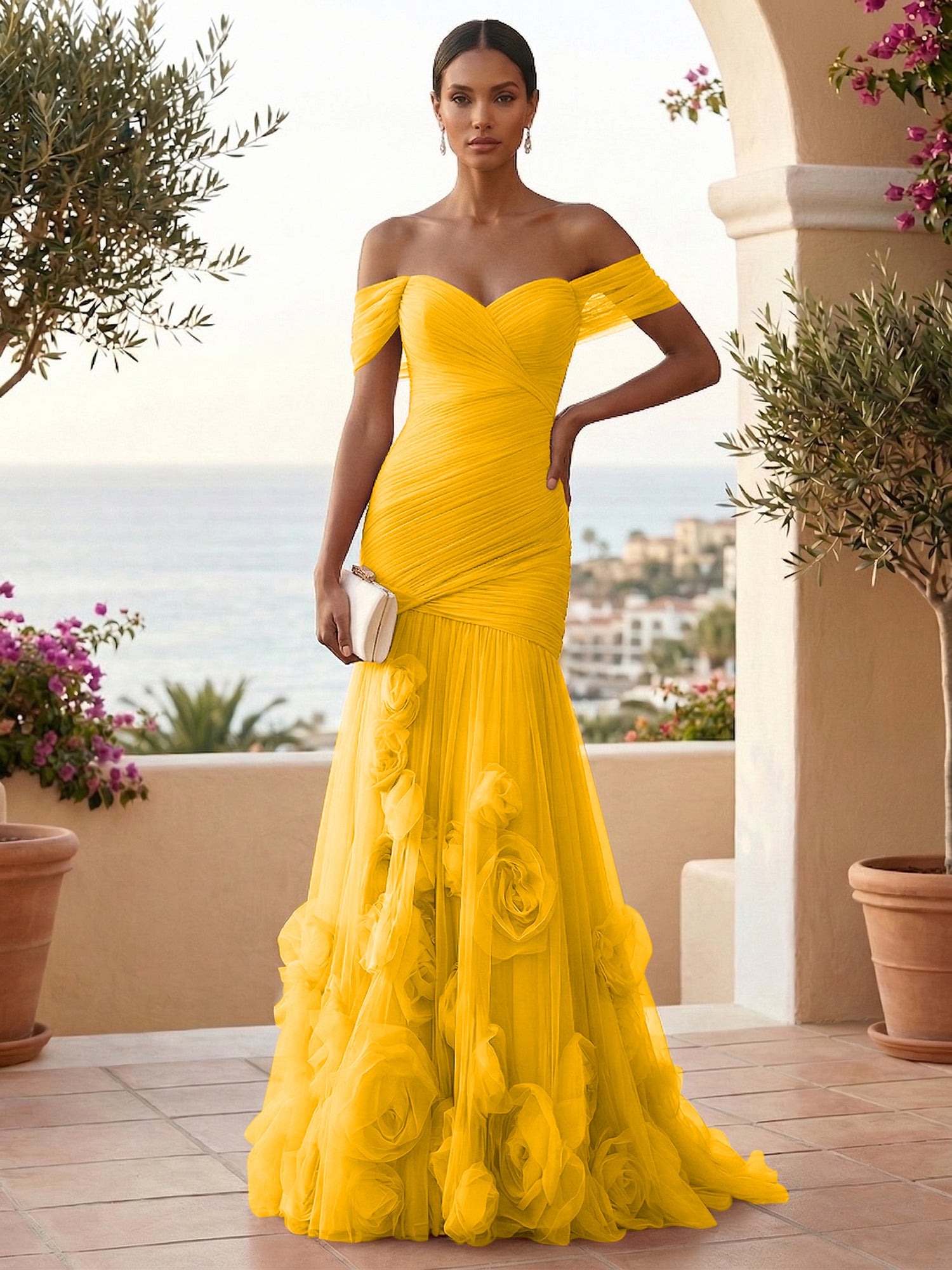 Sweetheart Tulle Off the Shoulder Pleat Mermaid Evening Dresses with 3D Flower