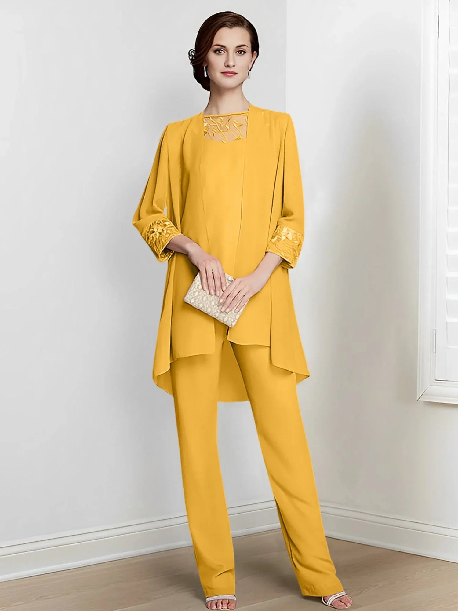 Tailleur-pantalon en mousseline à manches longues pour mère de la mariée avec veste 