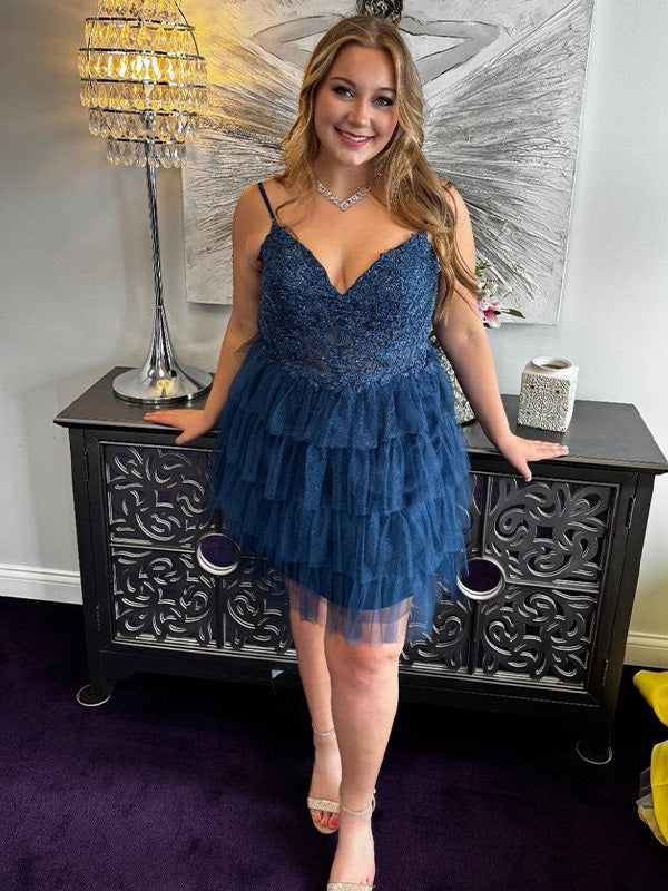 Spaghetti Straps Appliques Ruffles Short Homecoming Dress