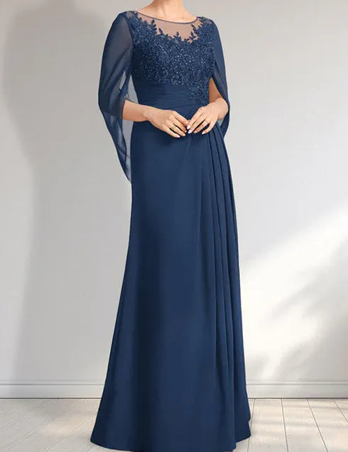 Robe de mère de la mariée trapèze en mousseline de soie et dentelle, longueur au sol, avec décolleté en V et paillettes plissées