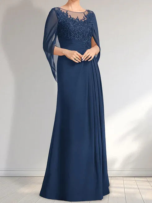 A-line Scoop Illusion Floor-Length Lace Chiffon Mother of the Bride Dress With Pleated Sequins