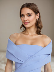 Blue Stretch Crepe Off The Shoulder Sleeveless Tea Length Formal Dress