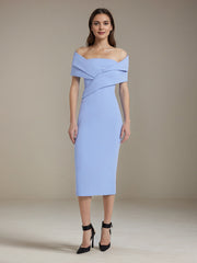 Blue Stretch Crepe Off The Shoulder Sleeveless Tea Length Formal Dress