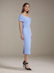 Blue Stretch Crepe Off The Shoulder Sleeveless Tea Length Formal Dress