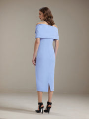 Blue Stretch Crepe Off The Shoulder Sleeveless Tea Length Formal Dress
