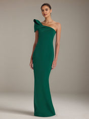Green Stretch Crepe One Shoulder Sleeveless Floor Length Formal Dress