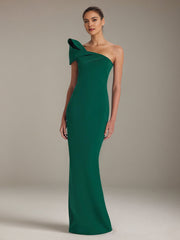 Green Stretch Crepe One Shoulder Sleeveless Floor Length Formal Dress