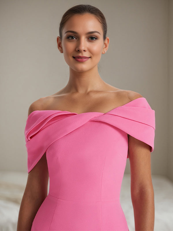 Hot Pink Stretch Crepe Off The Shoulder Sleeveless Floor Length Mermaid Formal Dress