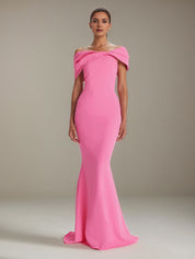 Hot Pink Stretch Crepe Off The Shoulder Sleeveless Floor Length Mermaid Formal Dress