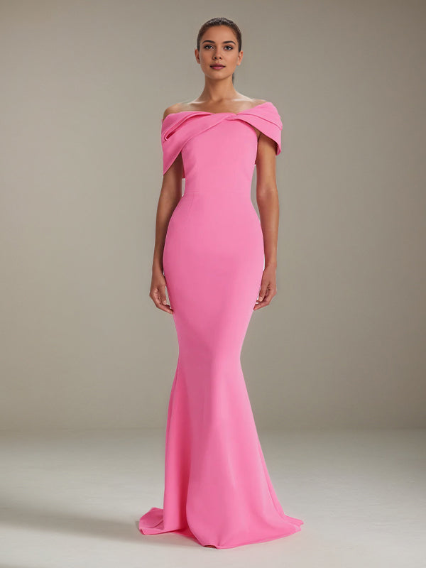 Hot Pink Stretch Crepe Off The Shoulder Sleeveless Floor Length Mermaid Formal Dress