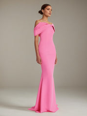 Hot Pink Stretch Crepe Off The Shoulder Sleeveless Floor Length Mermaid Formal Dress