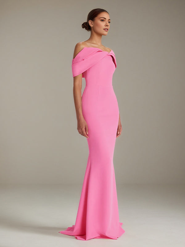 Hot Pink Stretch Crepe Off The Shoulder Sleeveless Floor Length Mermaid Formal Dress