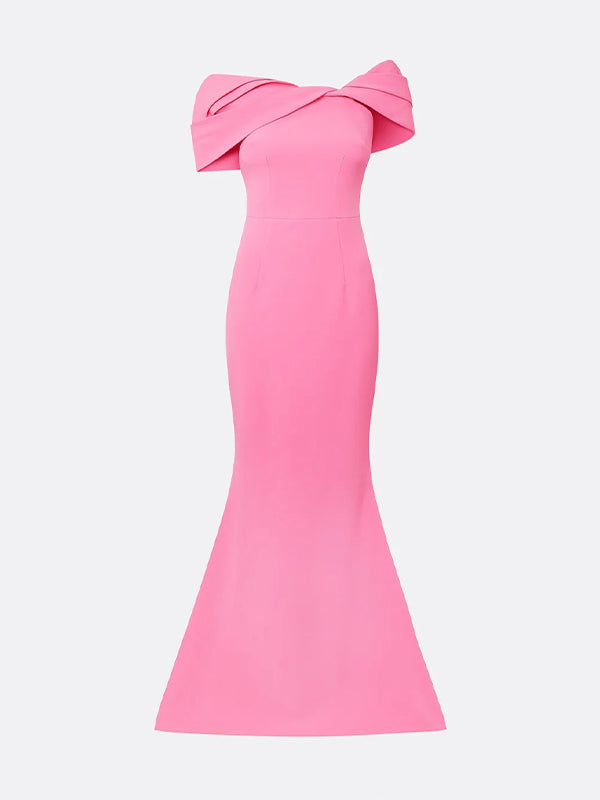Hot Pink Stretch Crepe Off The Shoulder Sleeveless Floor Length Mermaid Formal Dress