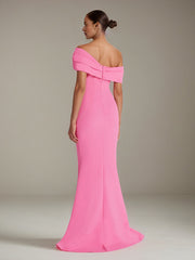 Hot Pink Stretch Crepe Off The Shoulder Sleeveless Floor Length Mermaid Formal Dress