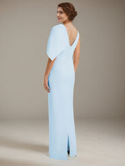 Blue Stretch Crepe Scoop Neck V Back Sleeveless Sheath Formal Dress With Oversized Bow