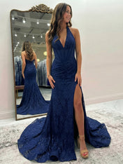 Black Mermaid Lace Halter Long Prom Dress with Slit